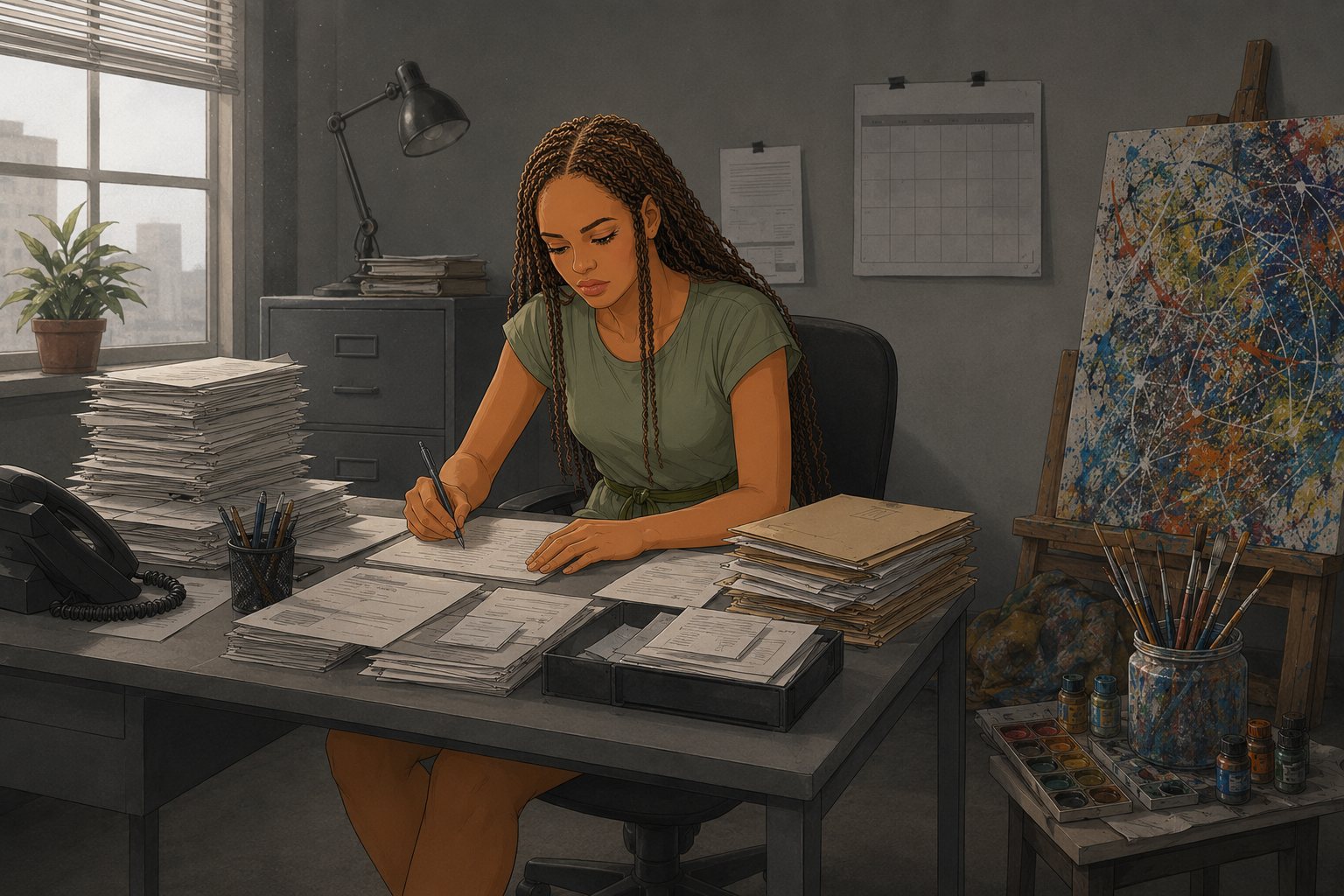 The Female Life Enthusiast working mechanically at a gray desk beside unused art supplies.