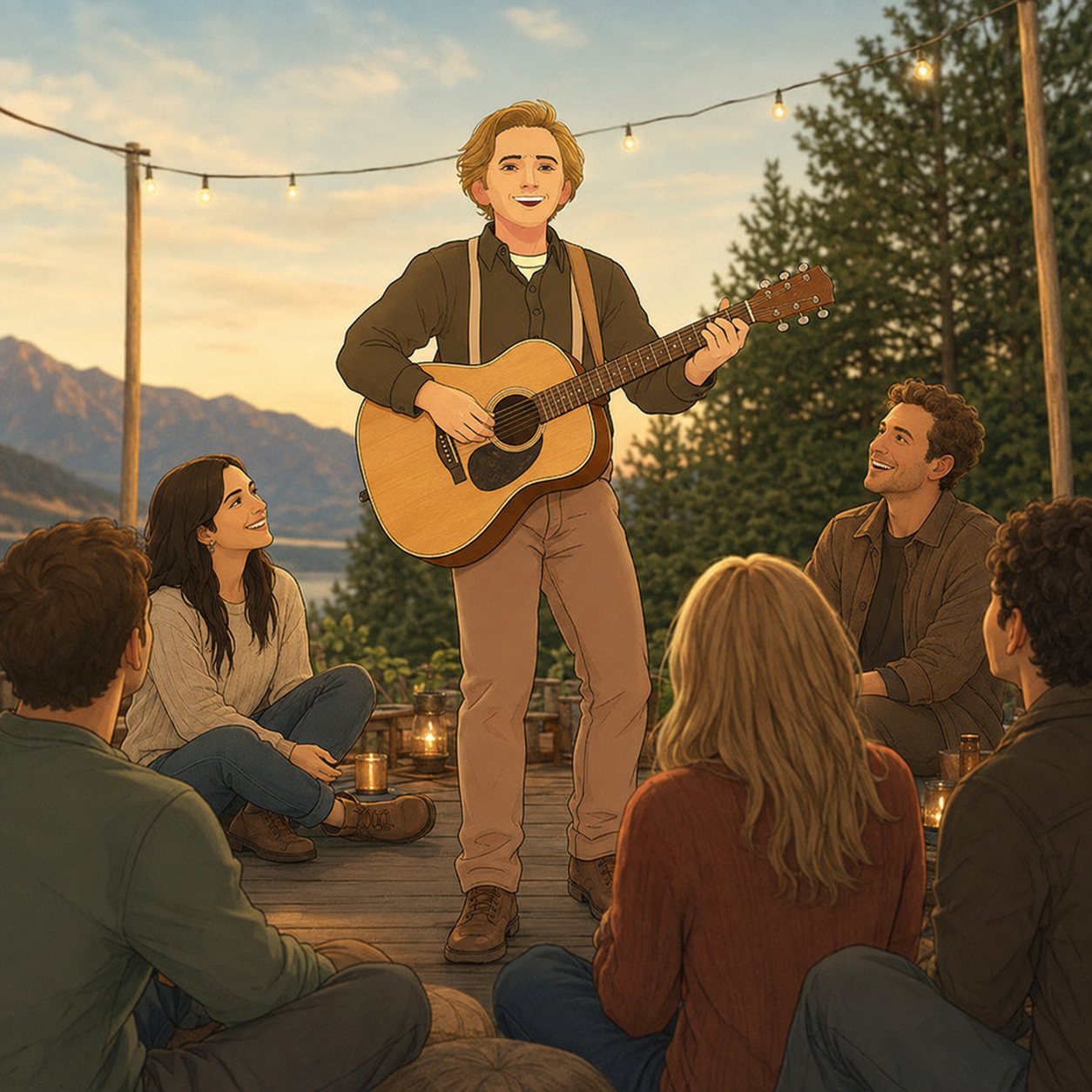 The Male Life Enthusiast performing an original song in front of other people.