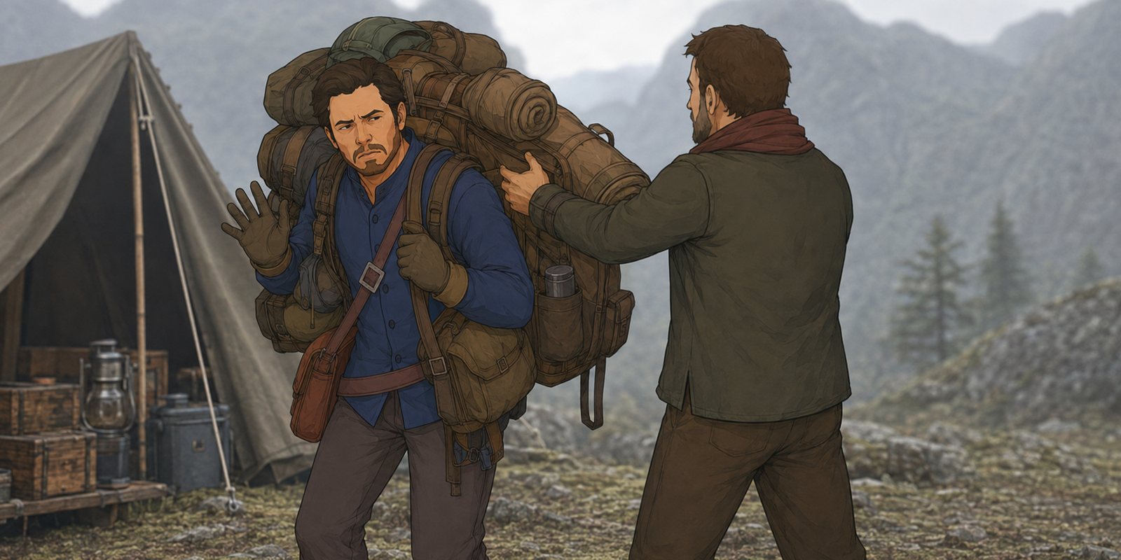 The Male Adventurer, already overloaded, accepting another heavy pack.