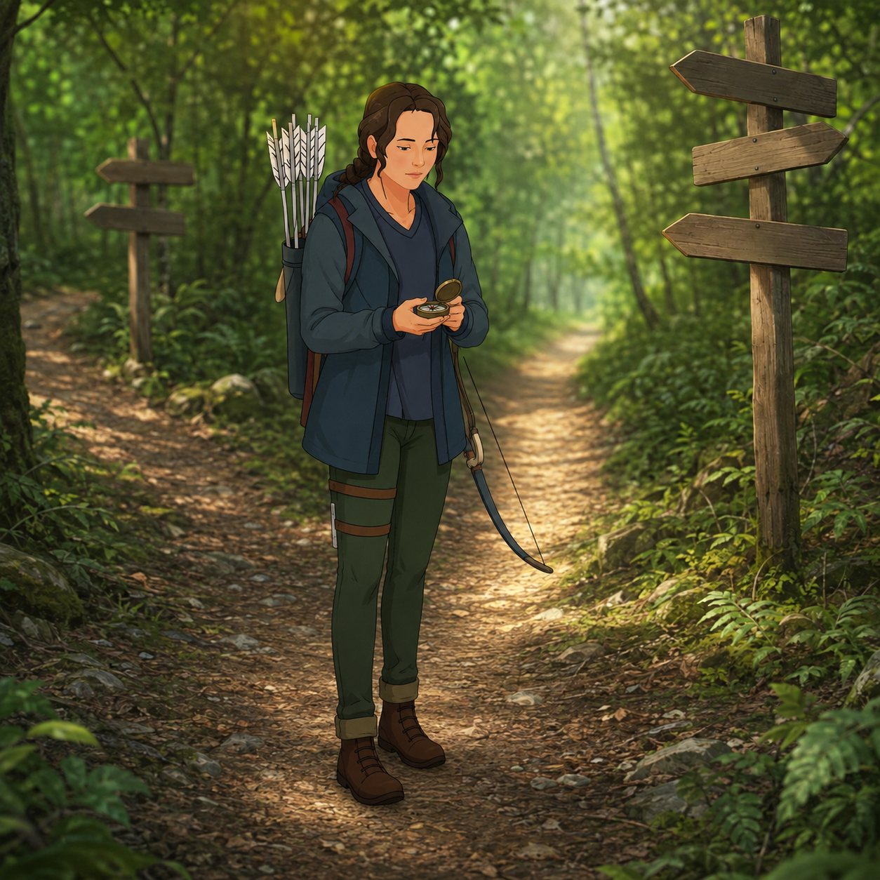 The Female Adventurer standing at a trail junction, calmly reading a compass.