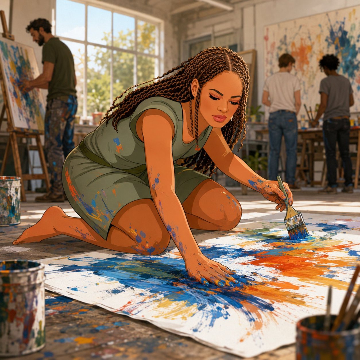 The Female Life Enthusiast fully absorbed in creating something while others are nearby.