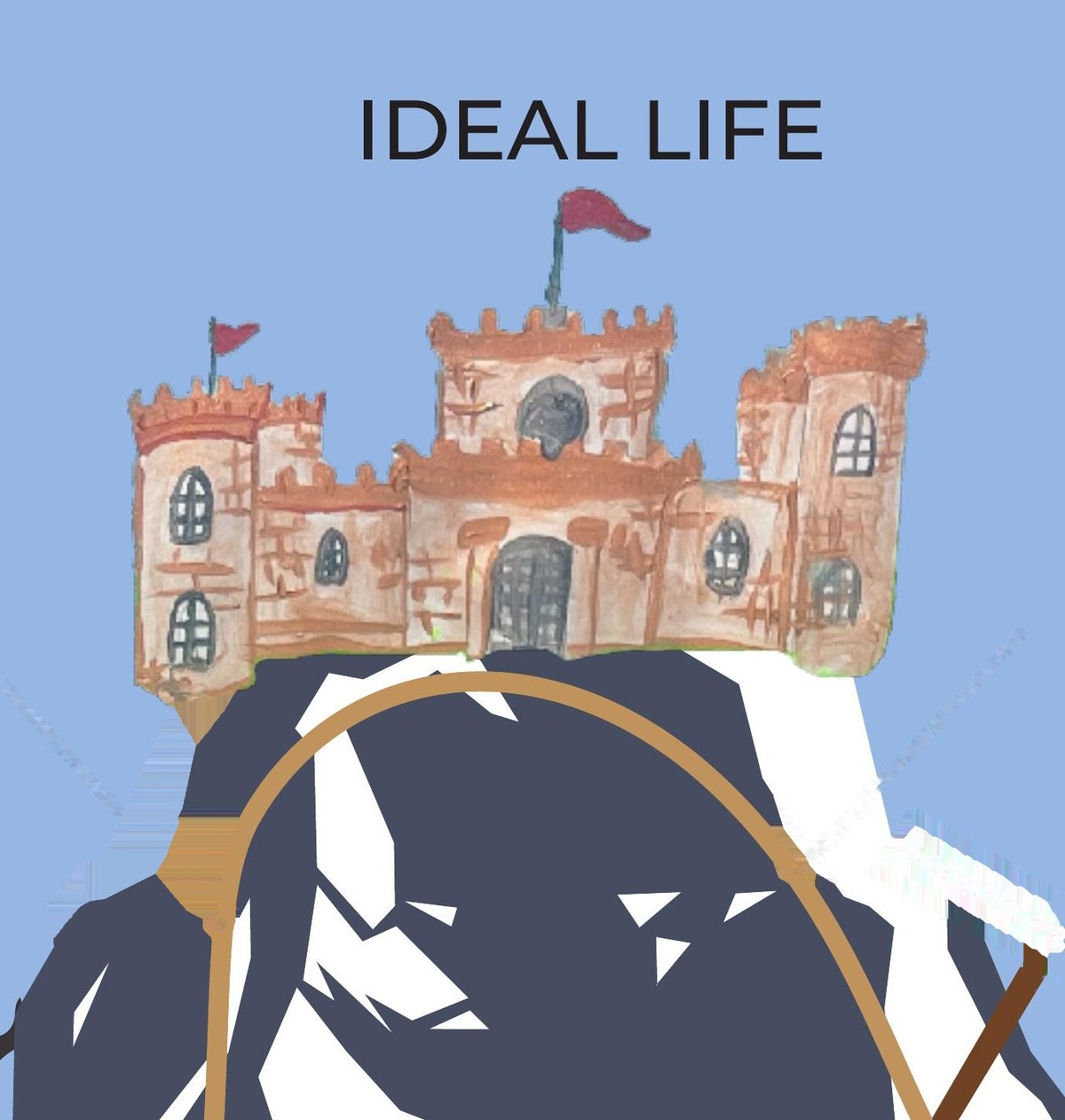 Close-up of the castle at the summit of the mountain with the winding path leading toward it, labelled Ideal Life.