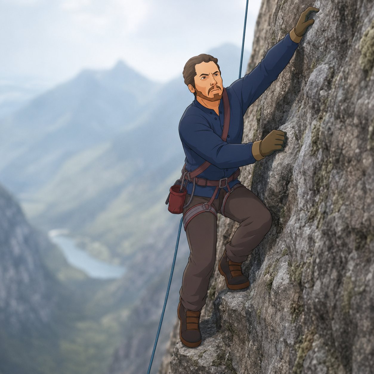 The Male Adventurer roped in on a mountain, reaching toward the next handhold.