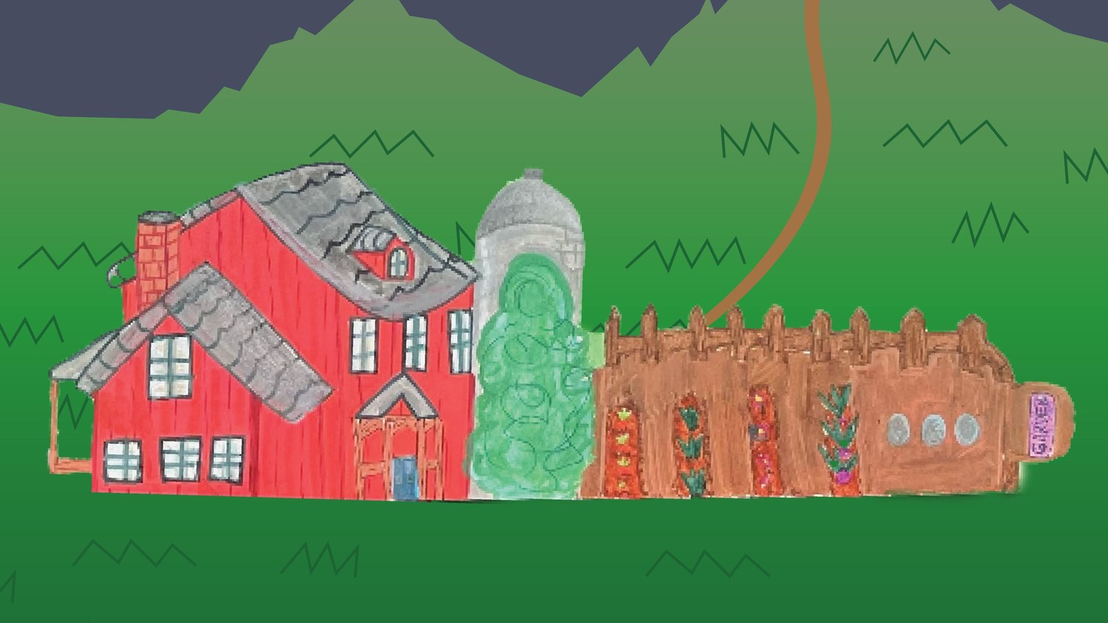 Close-up of the red barn at the base of the mountain.