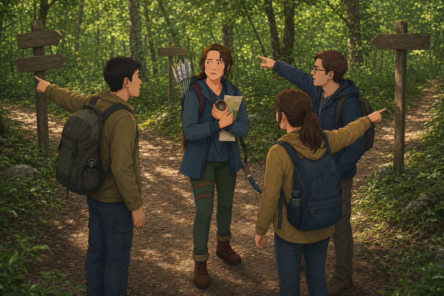 The Female Adventurer looking anxious while several people point in different directions.