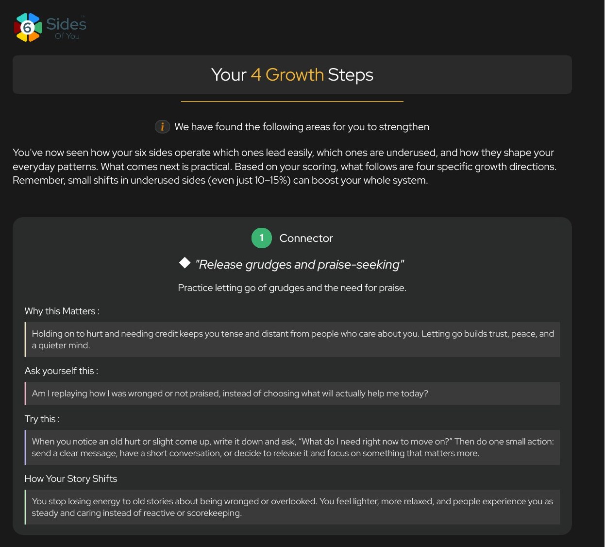 Sample readout page presenting four personalized growth steps with practices.