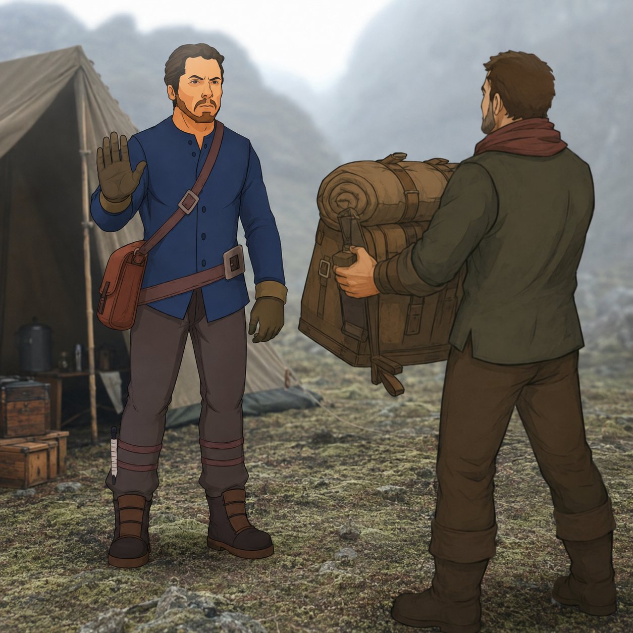 The Male Adventurer carrying his own pack and raising an open hand to refuse another burden.