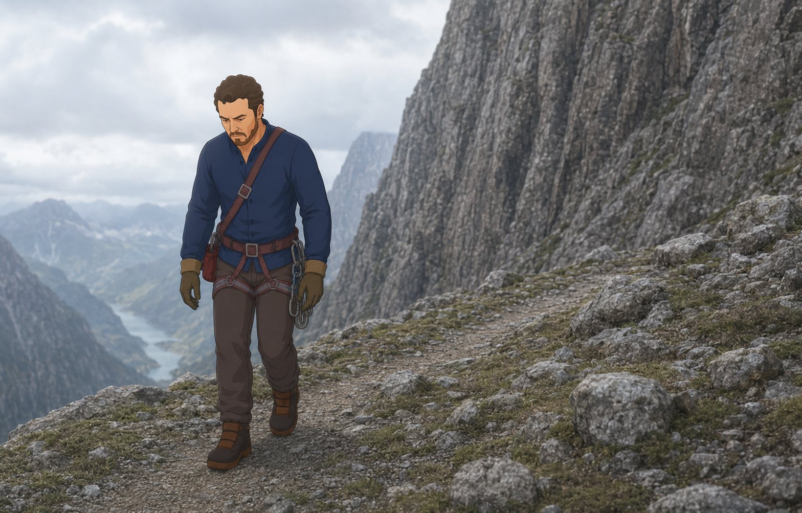 The Male Adventurer walking away from the mountain with his head down.