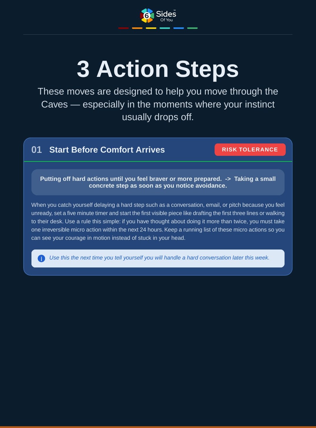Sample readout page with three concrete action steps tied to specific instincts.